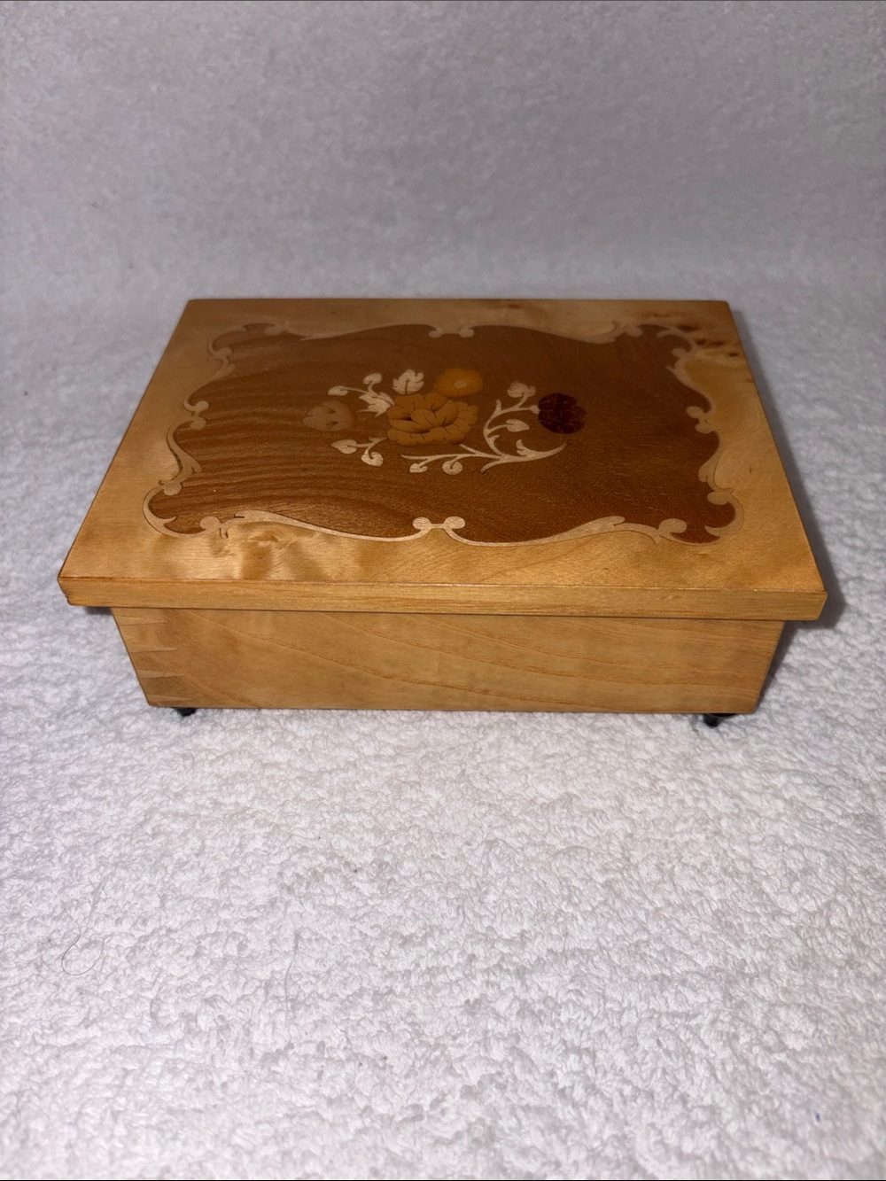 Italian Floral Inlay Wood Jewelry Box - Natural Brown Finish music box
